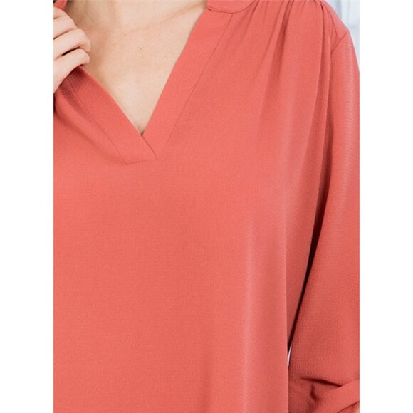 NEW Light Orange Quarter Tab Sleeve Solid Woven V Neck Blouse - Picture 7 of 9